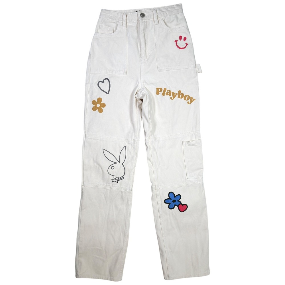 Playboy by PacSun Denim Shorts 25 White Bunny Logo‎ Smiley Floral Graphic